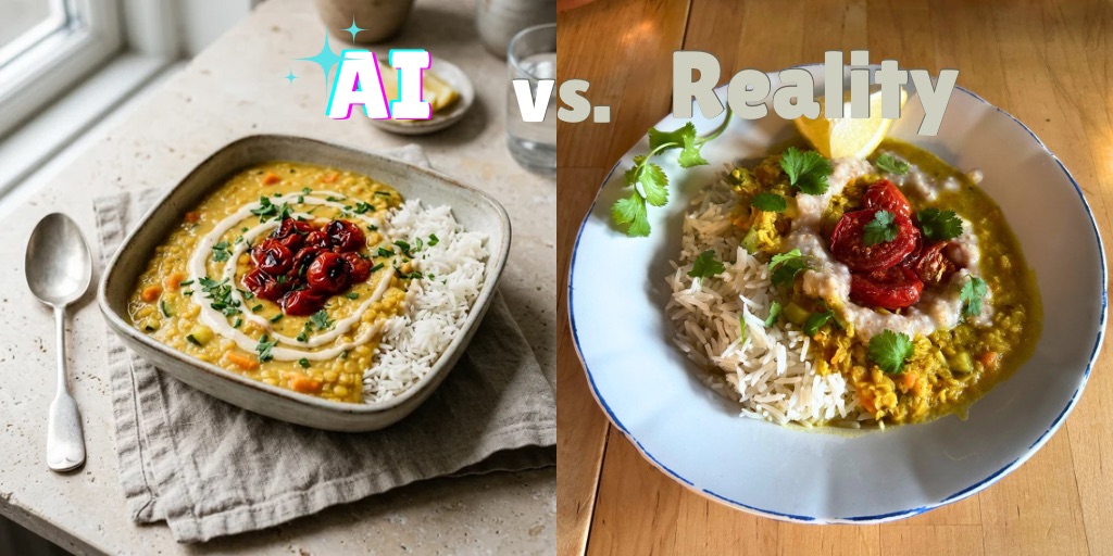 Side-by-side comparison of the Golden Glow Red Lentil Dal: the AI-generated food photo on the left shows a stylised, perfectly plated bowl with a cream swirl, roasted tomatoes, and fresh herbs on a stone surface; the real home-cooked version on the right shows a blue-rimmed bowl with dal, rice, roasted tomatoes, an oatmeal drizzle, fresh cilantro, and a lemon wedge on a wooden table. Text overlay reads "AI vs. Reality."