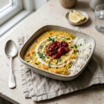 Professional overhead-angled food photograph of the Golden Glow Red Lentil Dal, AI-generated for the Cobaia Kitchen blog. A square, off-white ceramic bowl with rounded corners holds a thick, golden-yellow lentil dal with visible small soft pieces of orange carrot and green zucchini. On the left side of the bowl, a loose spiral of pale cream is drizzled across the dal. In the centre, a generous mound of deeply roasted, slightly caramelised cherry tomatoes adds a rich red contrast. Finely chopped green herbs are scattered over the top. Fluffy white basmati rice fills the right side of the bowl. The bowl rests on a folded linen napkin on a pale stone surface next to a window with soft natural light. A vintage silver spoon lies to the left, a small plate with two lemon wedges sits in the background, and a glass of water is visible to the right.