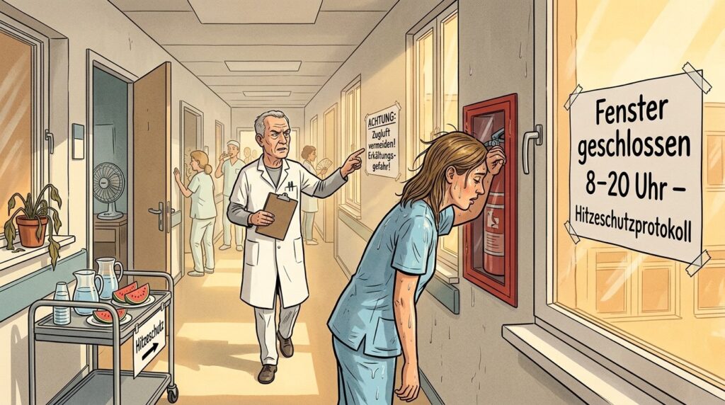Illustrated hospital corridor during a summer heatwave: a sweating nurse in blue scrubs leans exhausted against a closed window next to a fire extinguisher, while an older doctor with a clipboard points sternly at a sign warning about drafts; other staff move in the hot hallway, a wilting plant and fan sit by an open door, and a cart with water jugs and watermelon slices is labeled ‘Hitzeschutz’ (heat protection), with a large German sign on the window stating ‘Fenster geschlossen 8–20 Uhr – Hitzeschutzprotokoll’ (window closed 8–20h – heat protection protocol).