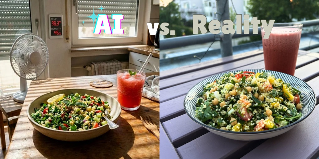 “Side‑by‑side image labeled ‘AI vs. Reality’: on the left, an AI‑style photo of a millet and vegetable salad with watermelon slices and a bright red slush on a sunlit wooden kitchen table, a digital thermometer on the wall showing 38.3°C and 45% humidity and a fan by a closed window; on the right, a real-life outdoor photo of the same type of salad and a watermelon drink on a balcony table at sunset, with apartment buildings and trees in the background.”