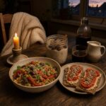Candlelit Blackout Kitchen menu on a dark wooden table with Mediterranean couscous, bean-tahini crispbreads, overnight oats and cold-brew coffee; a cream wool jumper creates a cosy power-outage atmosphere.