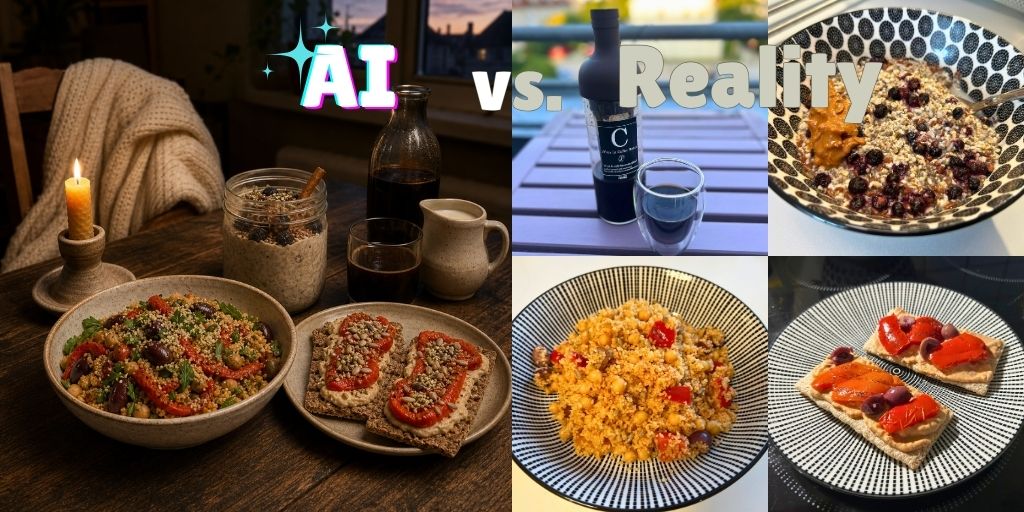 Comparison image titled "AI vs. Reality." On the left is the AI-generated, candlelit Blackout Kitchen menu: a couscous bowl, crispbreads with red pepper and seeds, a jar of overnight oats, cold-brew coffee and a cream wool jumper on a chair. On the right are five real photos of the same dishes. They show a cold-brew bottle and glass on a balcony table, a patterned bowl of berry oats with a spoonful of nut butter, a bowl of couscous with chickpeas and red pepper, and crispbreads topped with roasted red pepper and olives on a patterned plate.