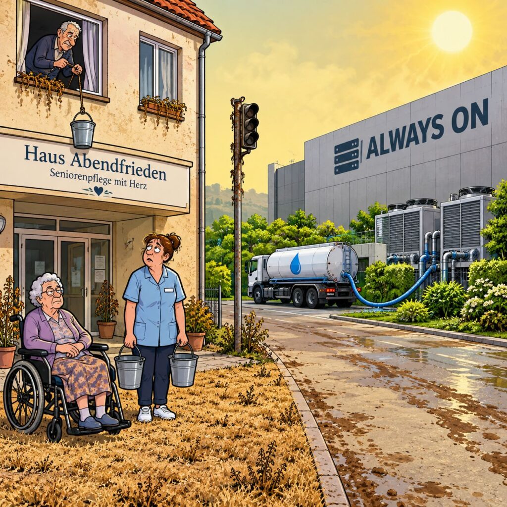 Comic-style illustration of a care home with a dry lawn on the left and a sleek data center on the right. An elderly woman in a wheelchair sits in front of the care home entrance, an old man lowers an empty bucket from an upper window, and a care worker stands by holding two empty buckets. Across the road, a water tanker is hooked up to the data center, whose sign reads "ALWAYS ON" and whose entrance is lined with lush green plants.